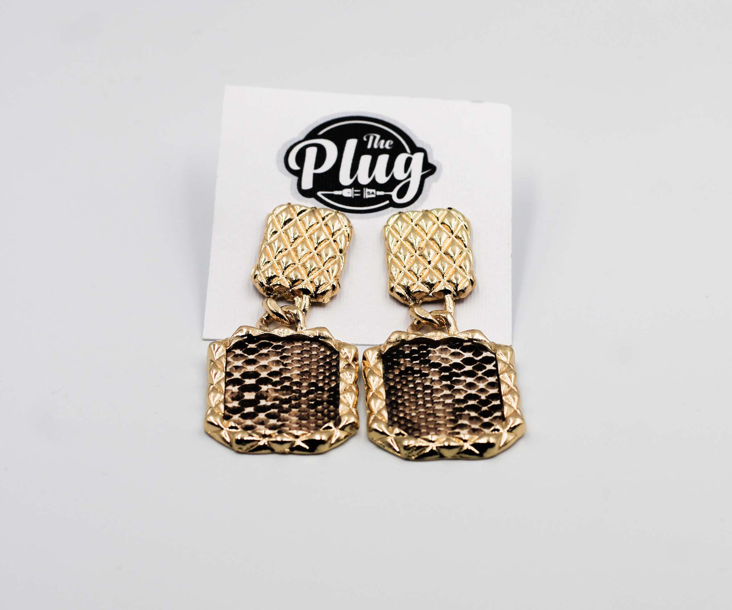 Ladies Designer Earrings (Rectangular Brown & Gold Leopard Print)