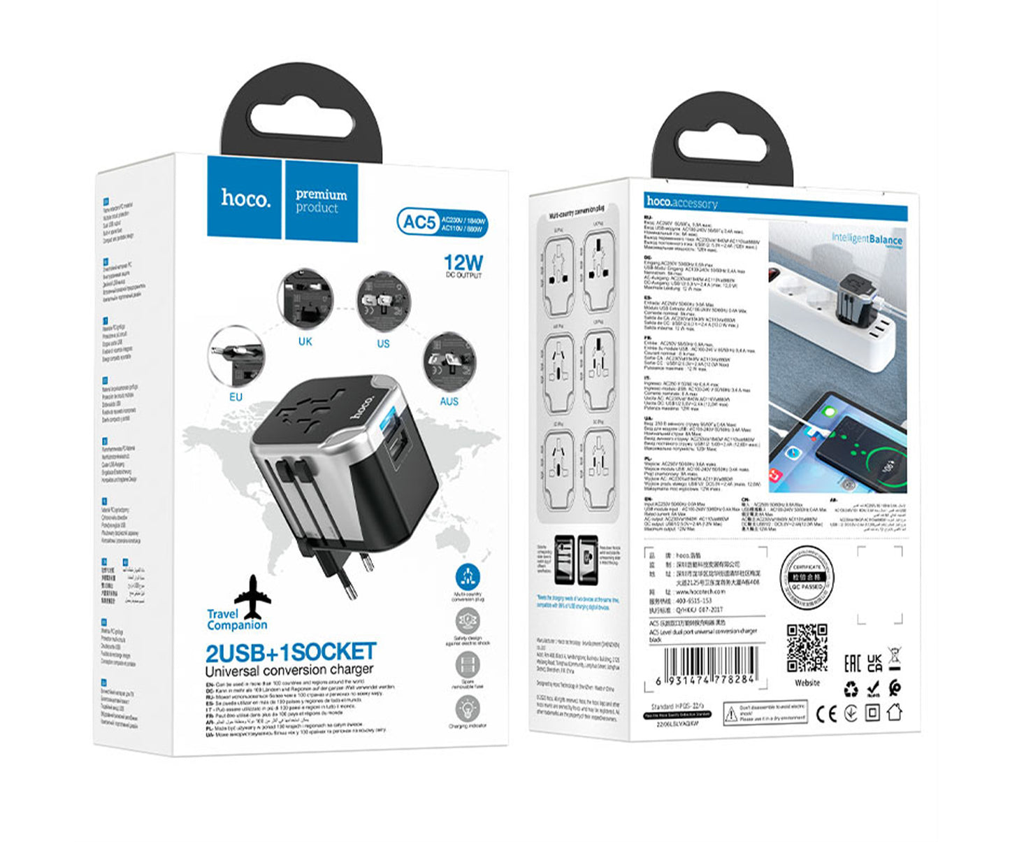 HOCO 12W Travel Companion Universal Conversion AC5 Charger (UK/EU/US/AUS)