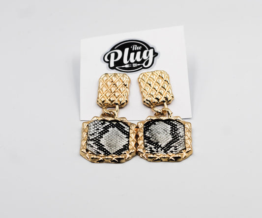 Ladies Designer Earrings (Rectangular Grey & Gold Leopard Print)
