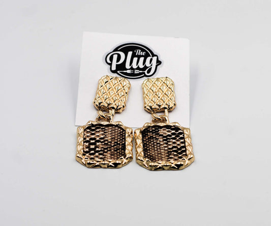 Ladies Designer Earrings (Rectangular Brown & Gold Leopard Print)